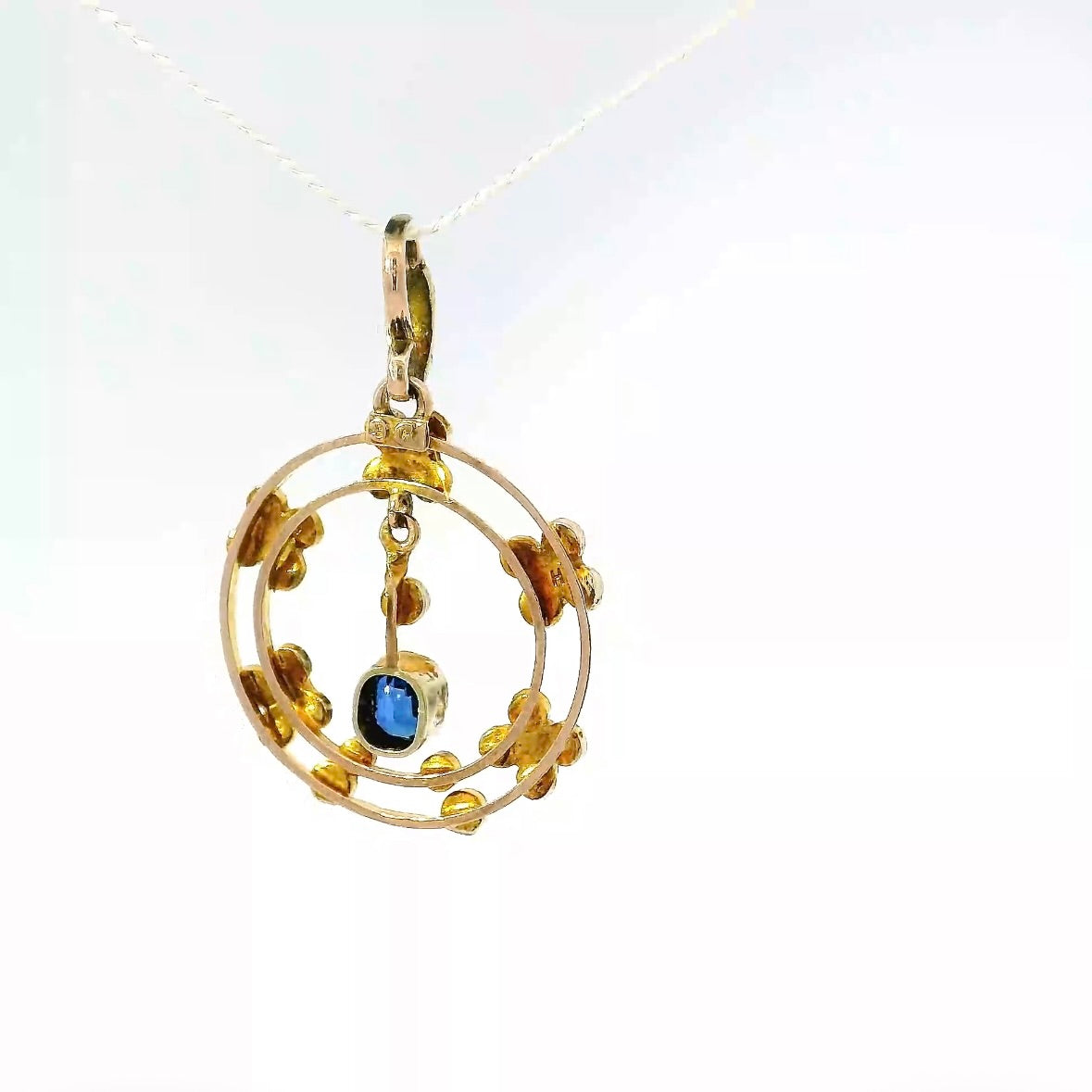 Antiker edwardianischer Anhänger in 14 Karat Roségold mit Saphir & Naturperlen