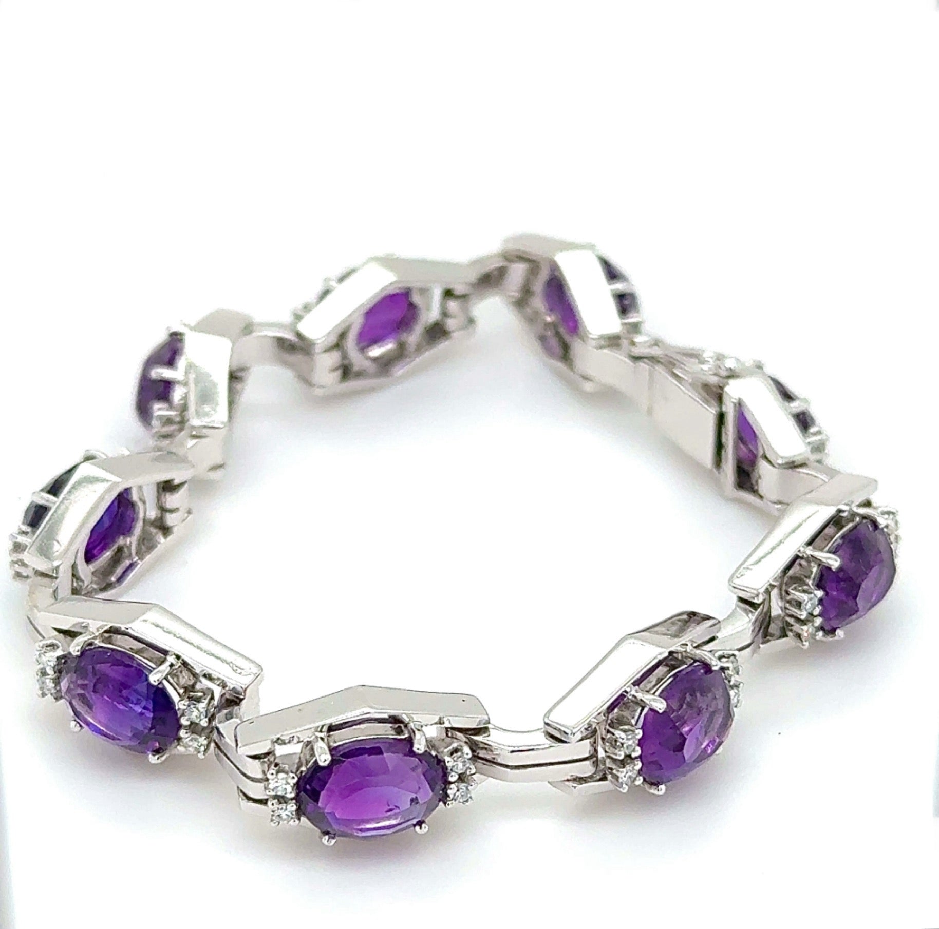 Solid Amethyst Bracelet in 14 Karat White Gold with Diamonds