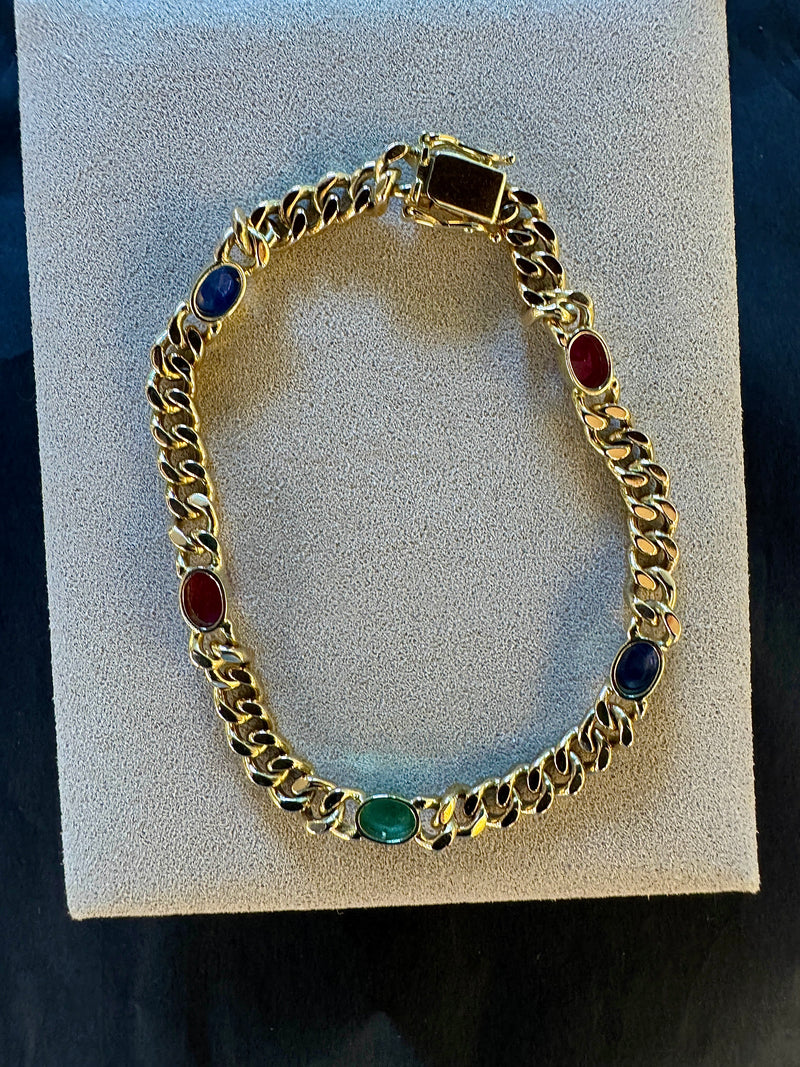 Zeitloses Armband in 14 Karat Gelbgold mit Saphiren, Rubinen und Smaragd