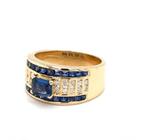 Ausgefallener Ring in 18 Karat Gelbgold mit leuchtend blauen Saphiren und Brillanten