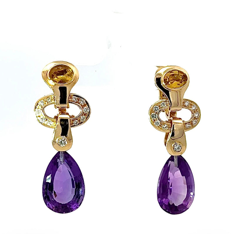 Wirkungsvolle Hängeohrringe in 18 Karat Gelbgold mit Brillanten, Citrin & Amethyst