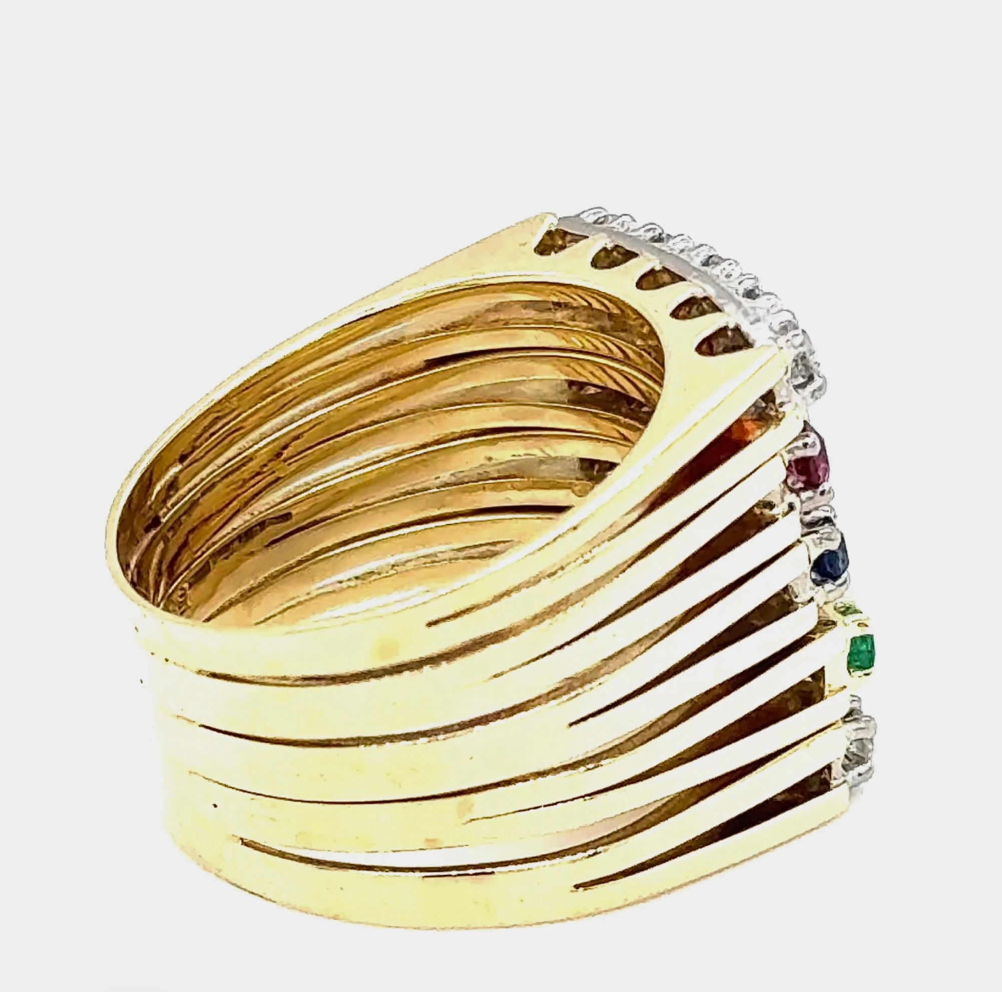 Breiter Halbmemory Ring in 14 Karat Gelbgold mit Saphir, Rubin, Smaragd & Brillanten