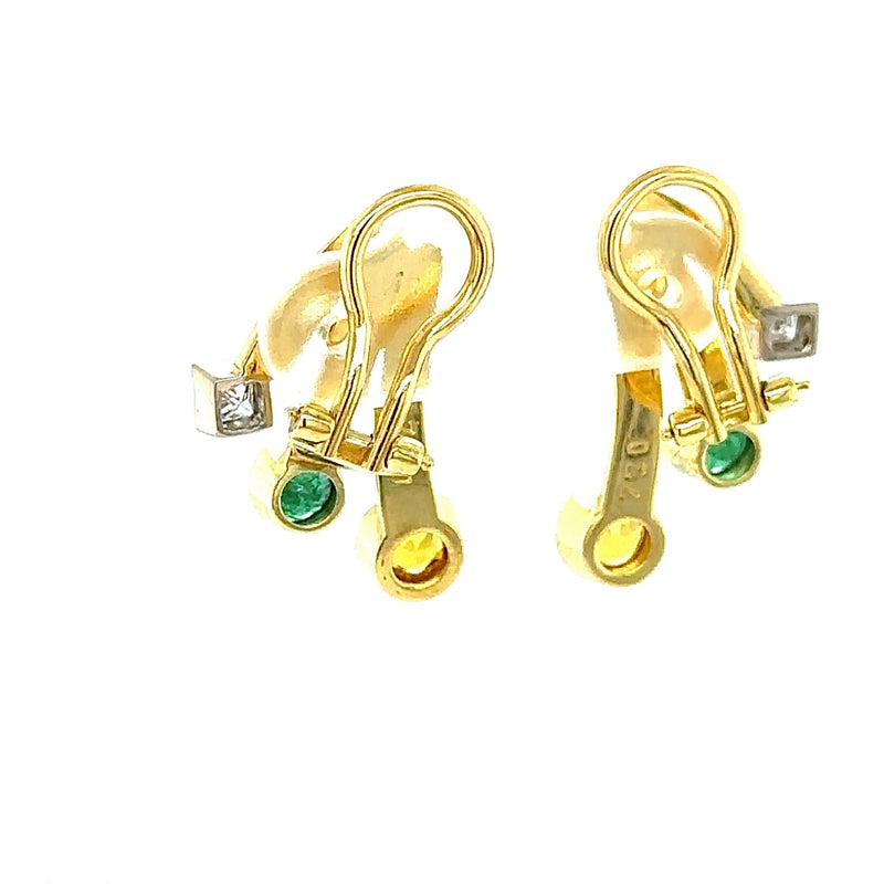 Dekorative Ohrringe in 18 Karat Gelbgold mit feinen Saphir, Smaragd und Princess-Brillanten