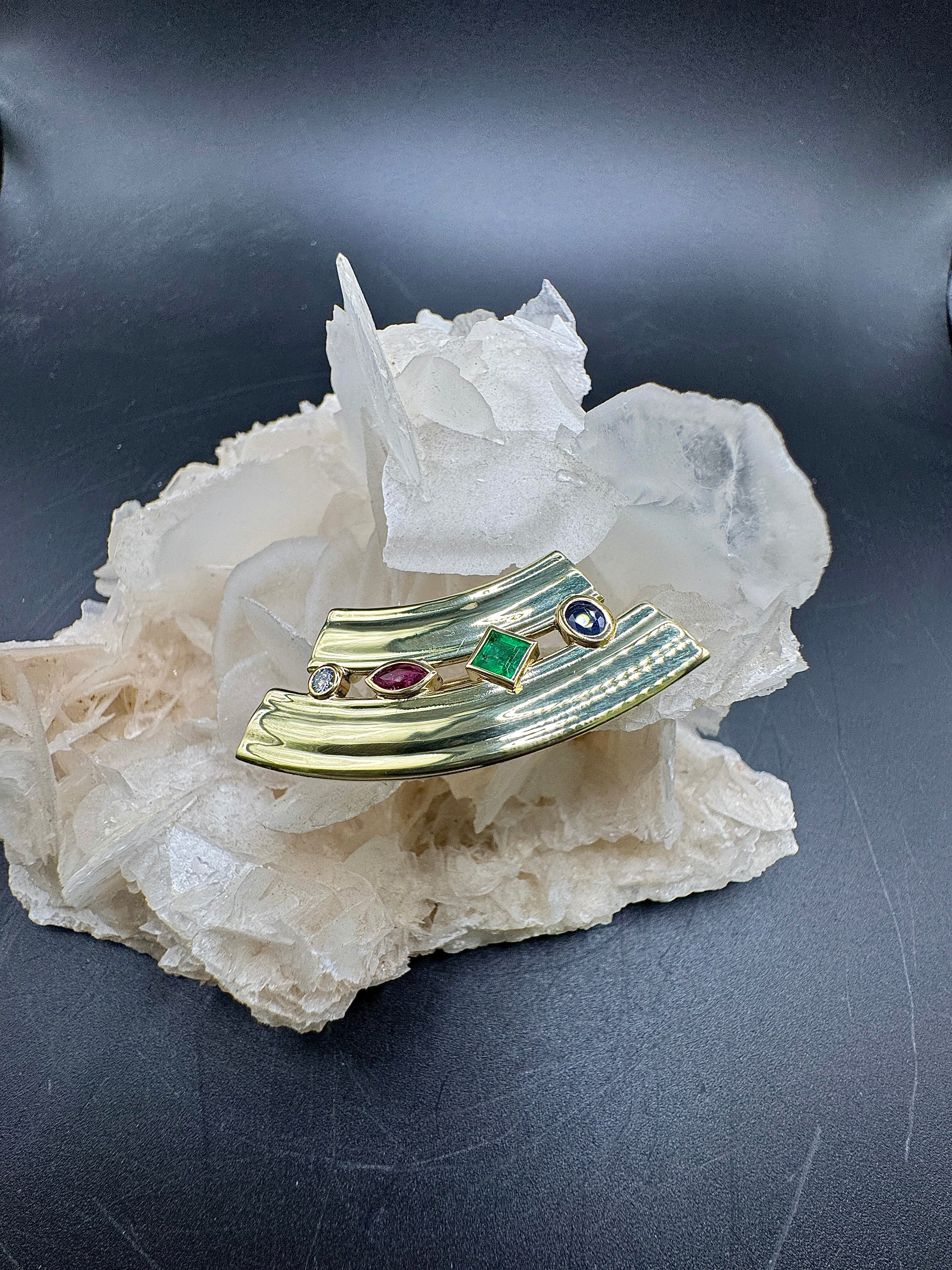 Stylish Fries Arauner Brooch & Pendant in 14 Karat Yellow Gold with Fine Gemstones & Brilliant-Cut Diamond
