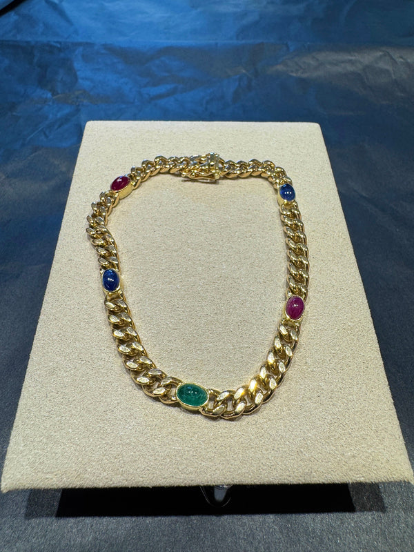Zeitloses Armband in 14 Karat Gelbgold mit Saphiren, Rubinen und Smaragd