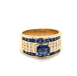 Ausgefallener Ring in 18 Karat Gelbgold mit leuchtend blauen Saphiren und Brillanten