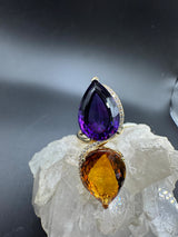 Moderner Cocktailring in 14 Karat Gelbgold mit feinen Brillanten, Amethyst & Citrin