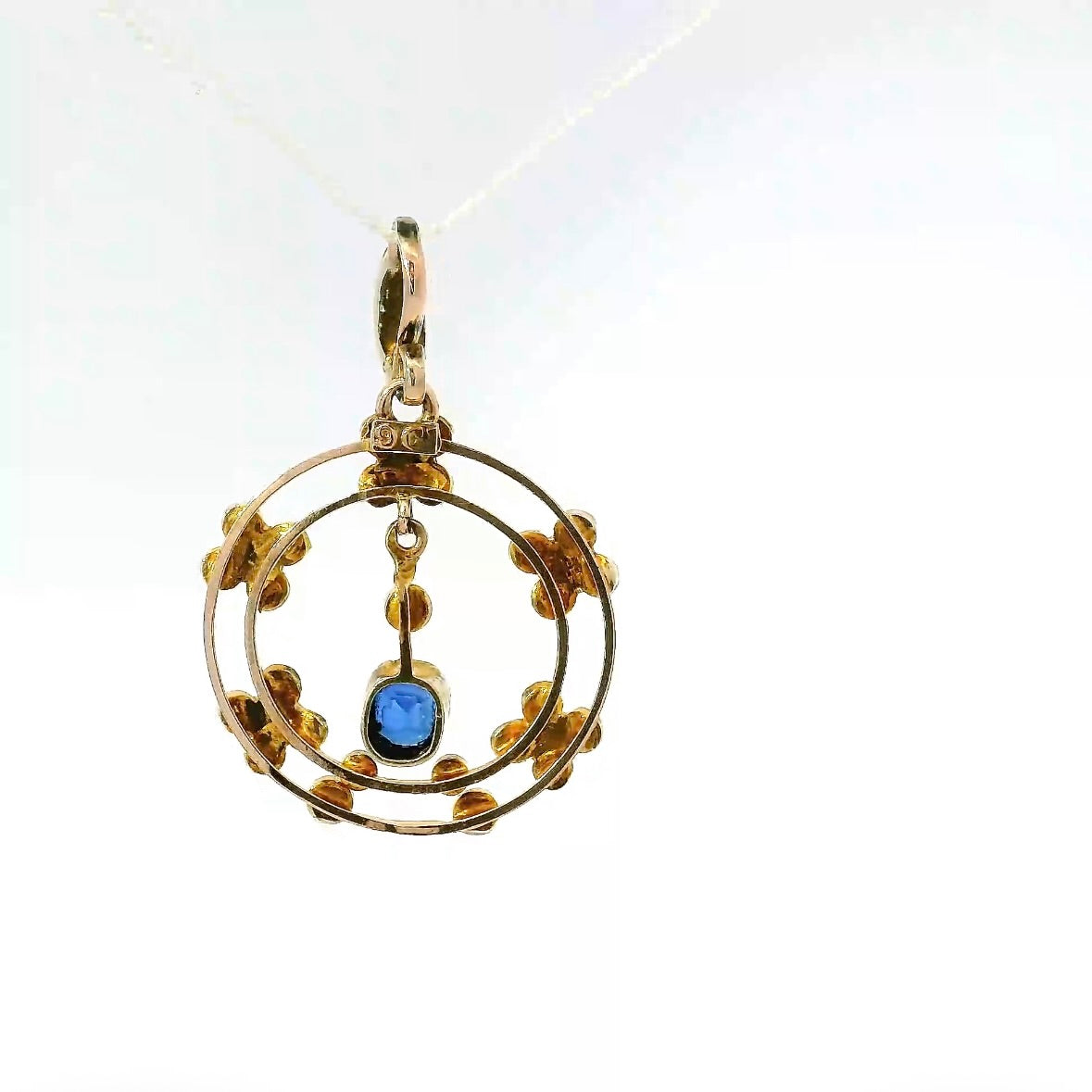 Antiker edwardianischer Anhänger in 14 Karat Roségold mit Saphir & Naturperlen