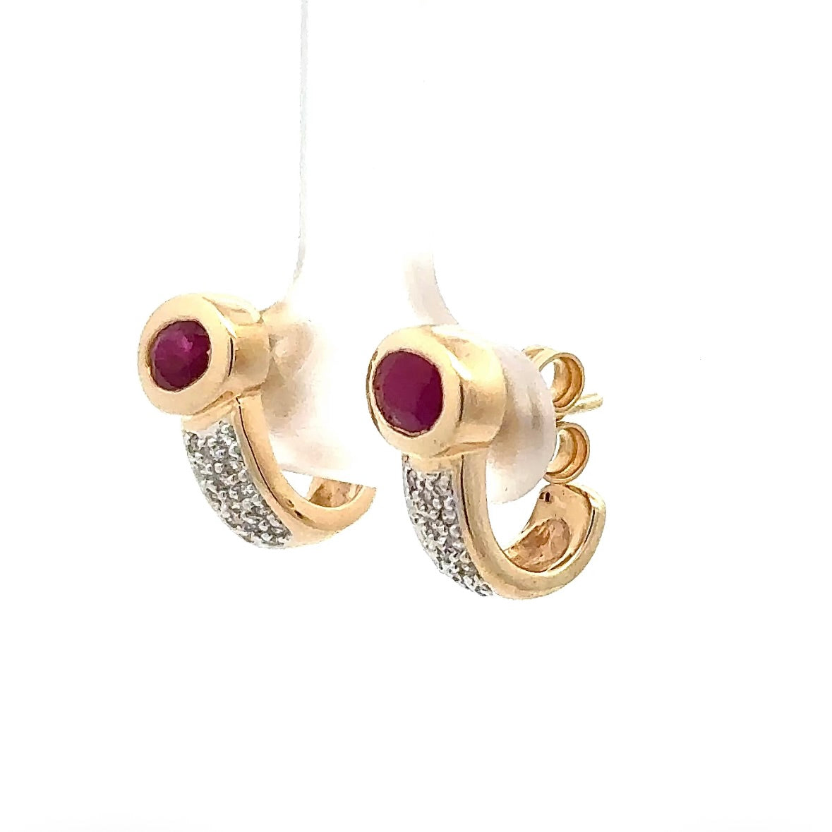 Timeless Half-Hoop Earrings in 14 Karat Yellow Gold with Rubies & Brilliant-Cut Diamonds