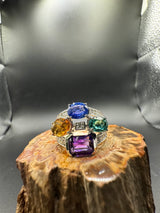 Cocktailring in 14 Karat Weißgold mit Saphir, Turmalin, Citrin, Amethyst & Brillanten