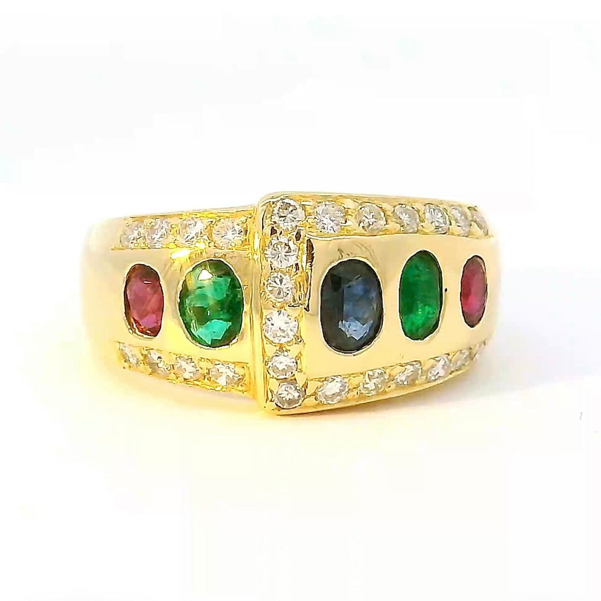 Edler Ring in 18 Karat Gelbgold mit Rubin, Smaragd, Saphir & Brillanten