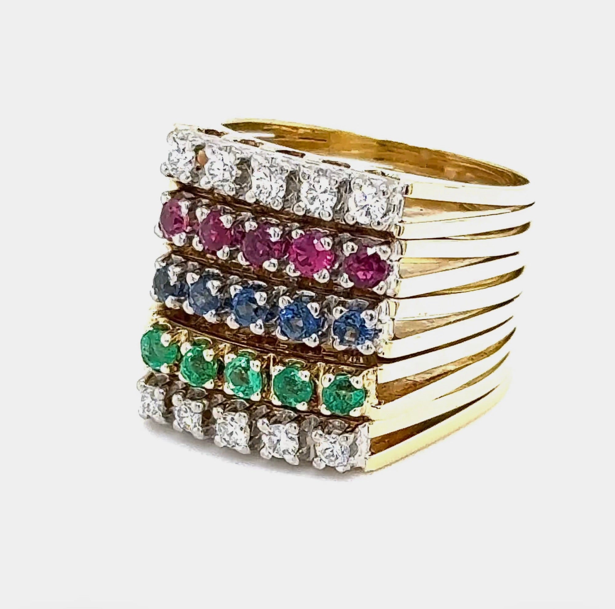 Breiter Halbmemory Ring in 14 Karat Gelbgold mit Saphir, Rubin, Smaragd & Brillanten