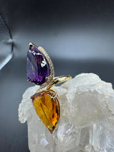 Moderner Cocktailring in 14 Karat Gelbgold mit feinen Brillanten, Amethyst & Citrin