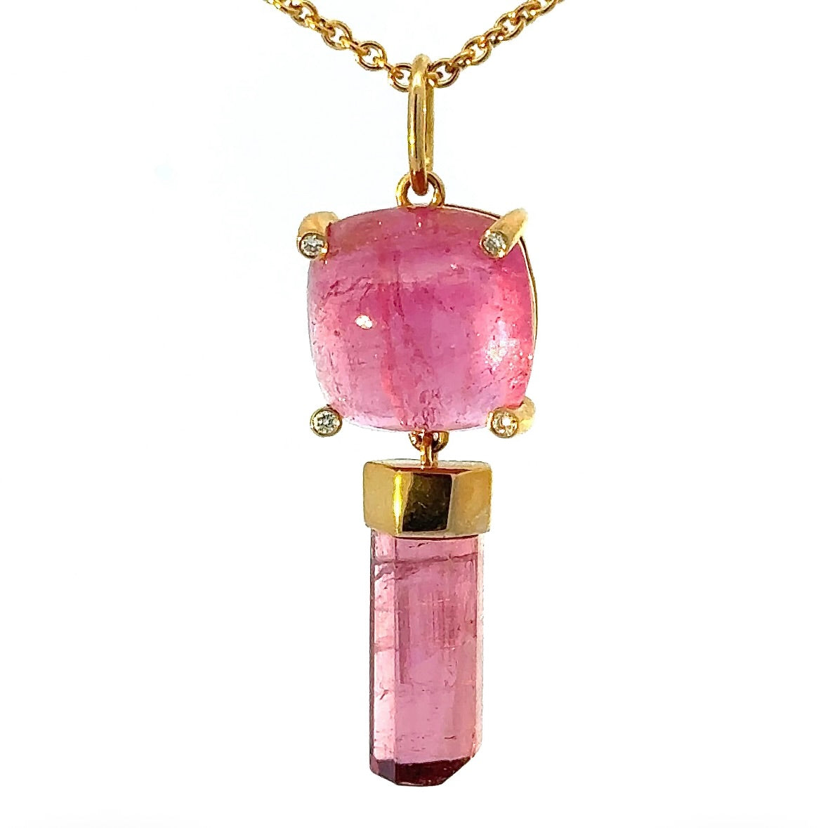 Moderner Anhänger in 14 Karat Gelbgold mit rosa Turmalinen & Brillanten