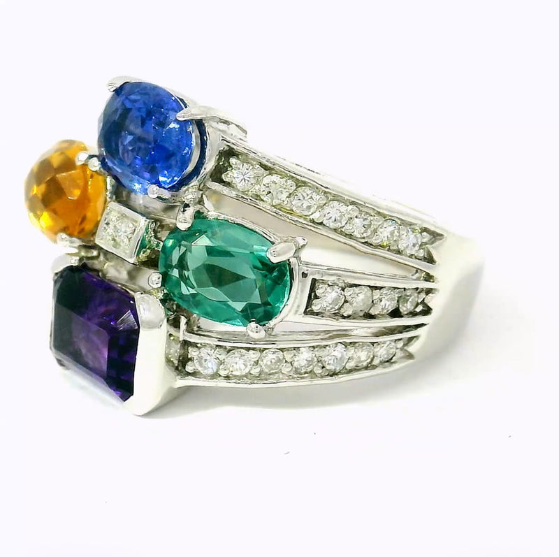 Cocktailring in 14 Karat Weißgold mit Saphir, Turmalin, Citrin, Amethyst & Brillanten