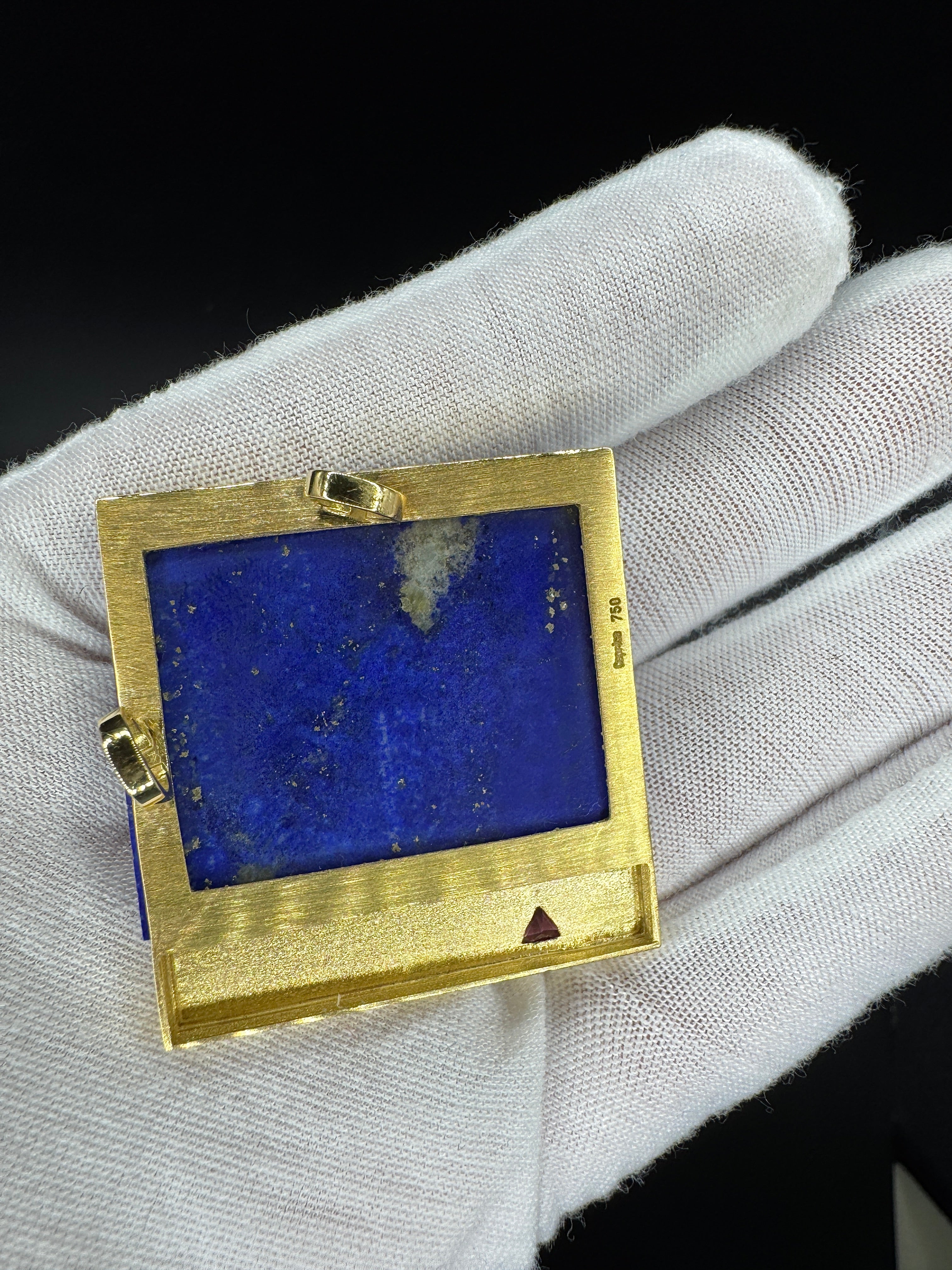 Einmaliger Anhänger in 18 Karat Gelbgold mit Lapis Lazuli und rosa Turmalin