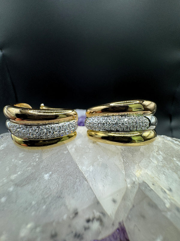 Handmade creoles in 18 carat yellow, white and rose gold with diamonds