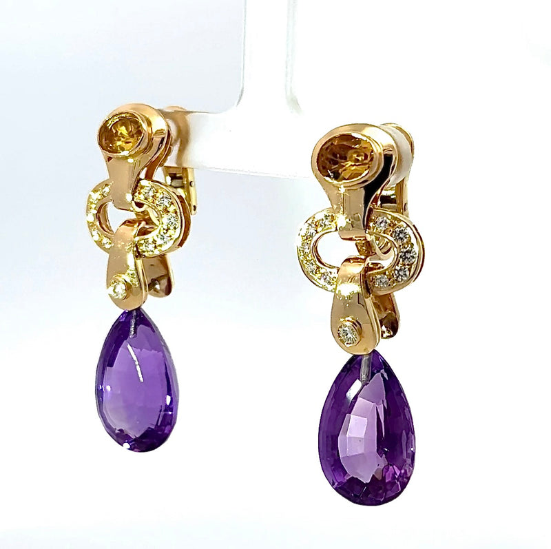 Wirkungsvolle Hängeohrringe in 18 Karat Gelbgold mit Brillanten, Citrin & Amethyst