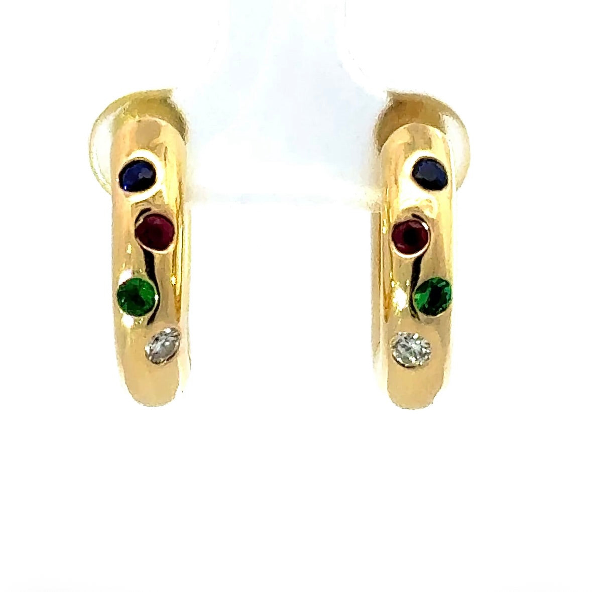 Elegante Kreolen in 18 Karat Gelbgold mit Brillanten, Smaragd, Saphir & Rubin