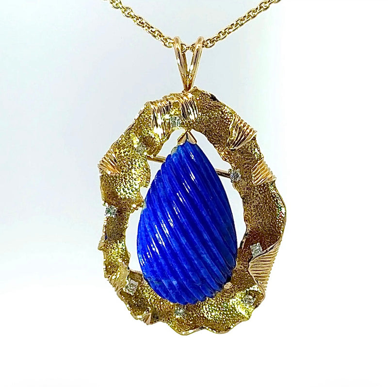 Einmaliger Anhänger/Brosche in 14 Karat Gelbgold mit Lapis Lazuli & Brillanten