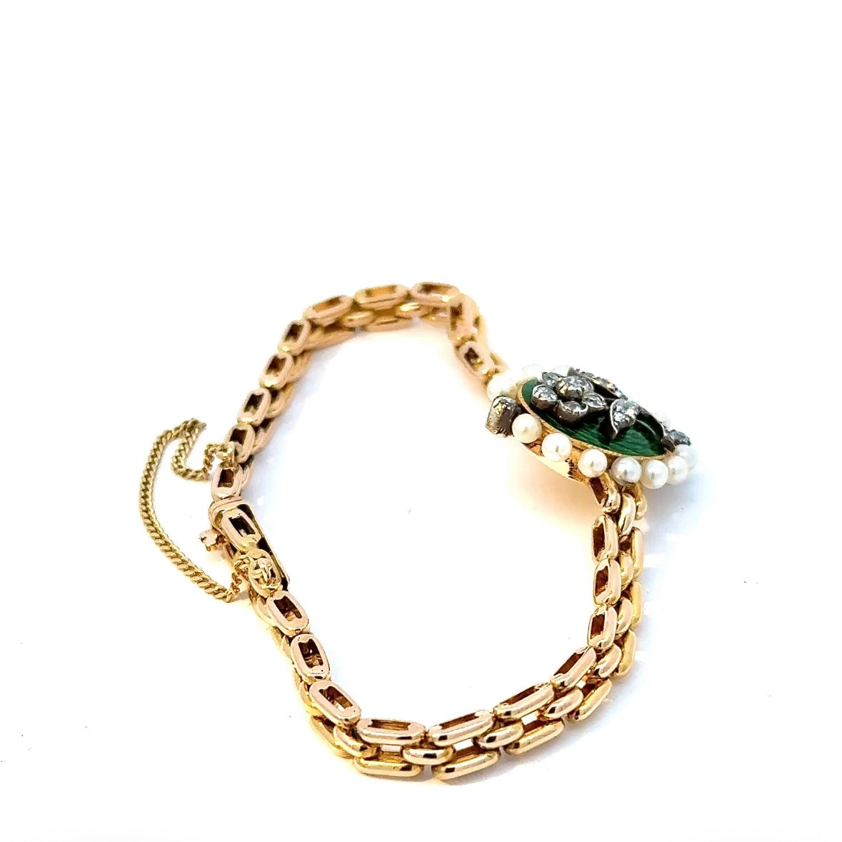 Vintage-Armband in 14 Karat (585) um 1900 mit Diamanten, Emaille & Perlen