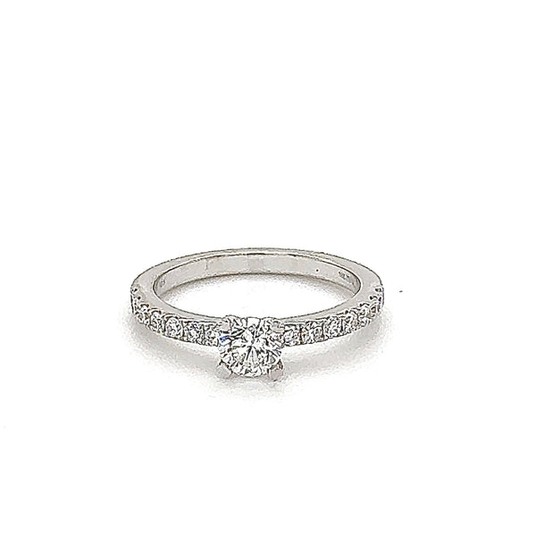 Solitaire ring in 18 carat (750) white gold with 0.5 carat brilliant + small. Diamonds