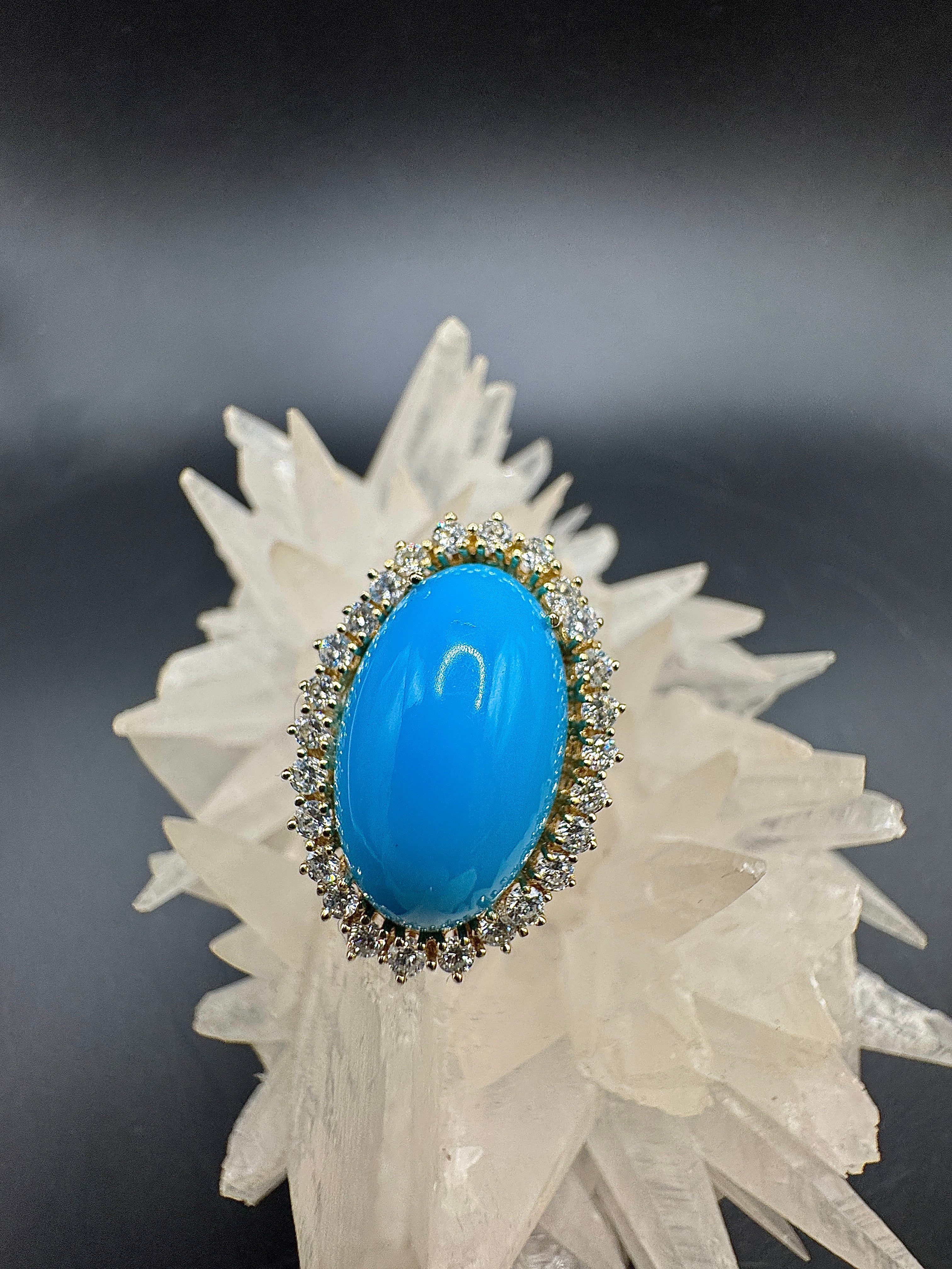 Ornate Ring in 14 Karat Yellow Gold with Turquoise & Diamonds