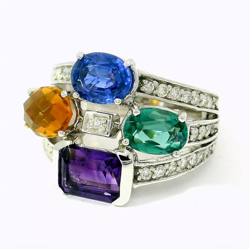 Cocktailring in 14 Karat Weißgold mit Saphir, Turmalin, Citrin, Amethyst & Brillanten
