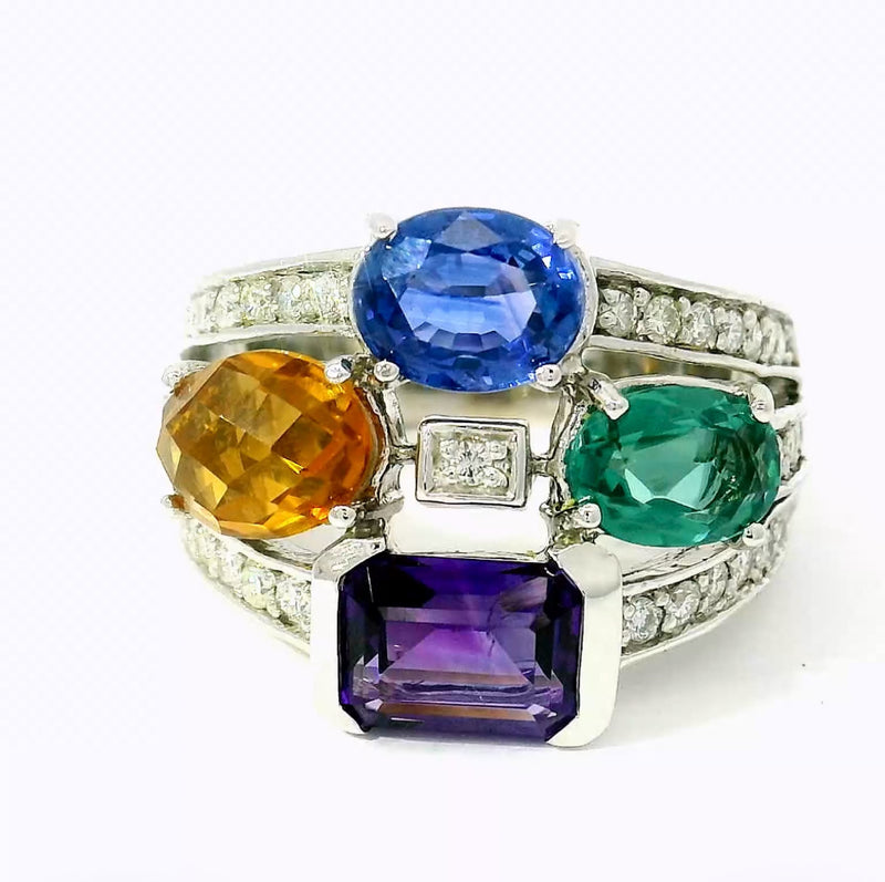 Cocktailring in 14 Karat Weißgold mit Saphir, Turmalin, Citrin, Amethyst & Brillanten