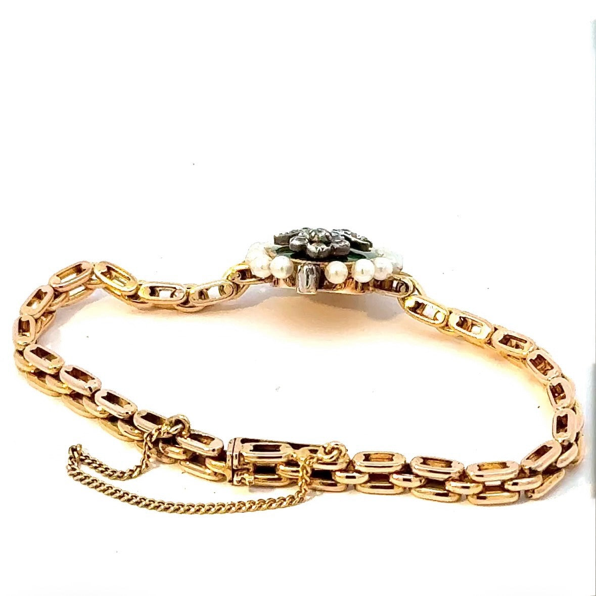 Vintage-Armband in 14 Karat (585) um 1900 mit Diamanten, Emaille & Perlen
