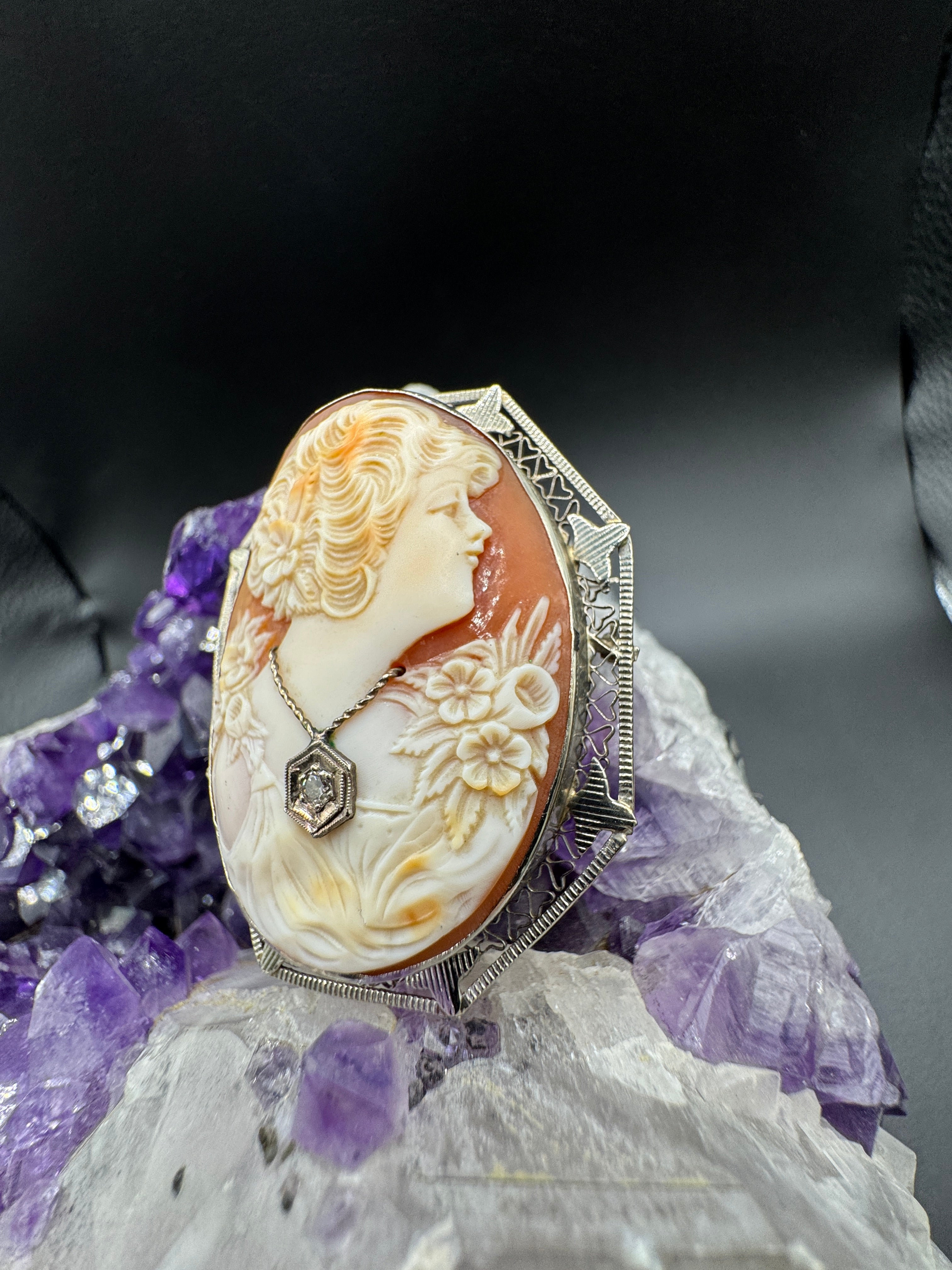 Antique brooch in 14-karat white gold with shell cameo and brilliant-cut diamond - Impressively crafted