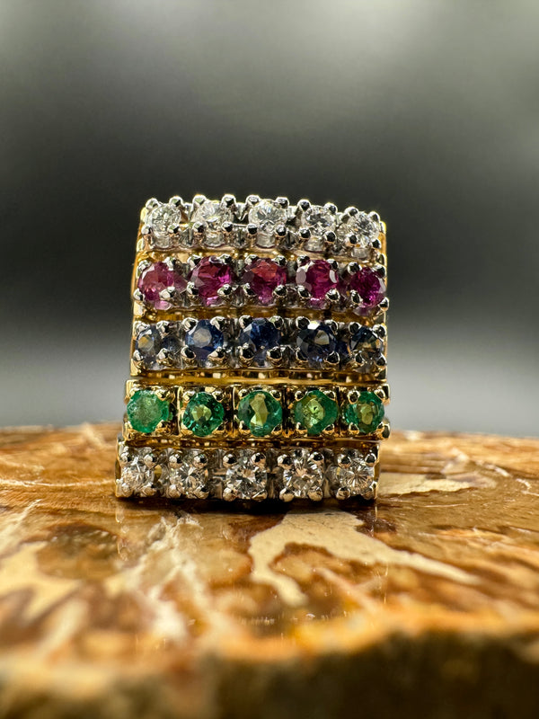 Breiter Halbmemory Ring in 14 Karat Gelbgold mit Saphir, Rubin, Smaragd & Brillanten