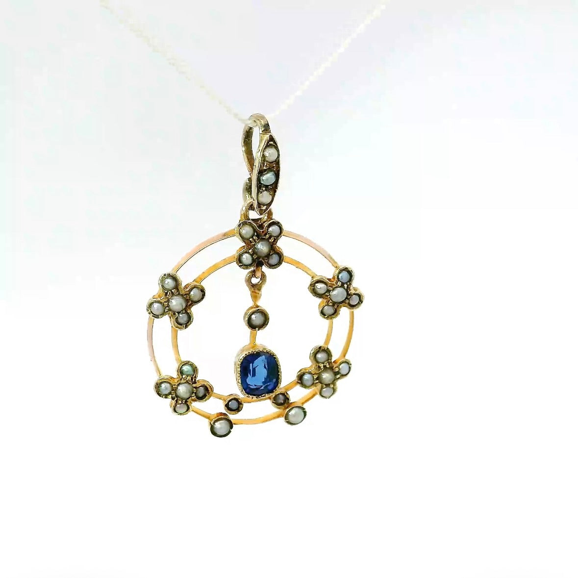 Antiker edwardianischer Anhänger in 14 Karat Roségold mit Saphir & Naturperlen