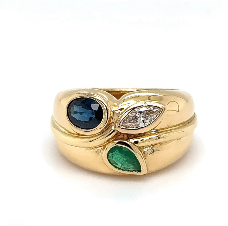 Massiver Ring in 18 Karat Gelbgold mit Smaragd, Saphir und Brillant