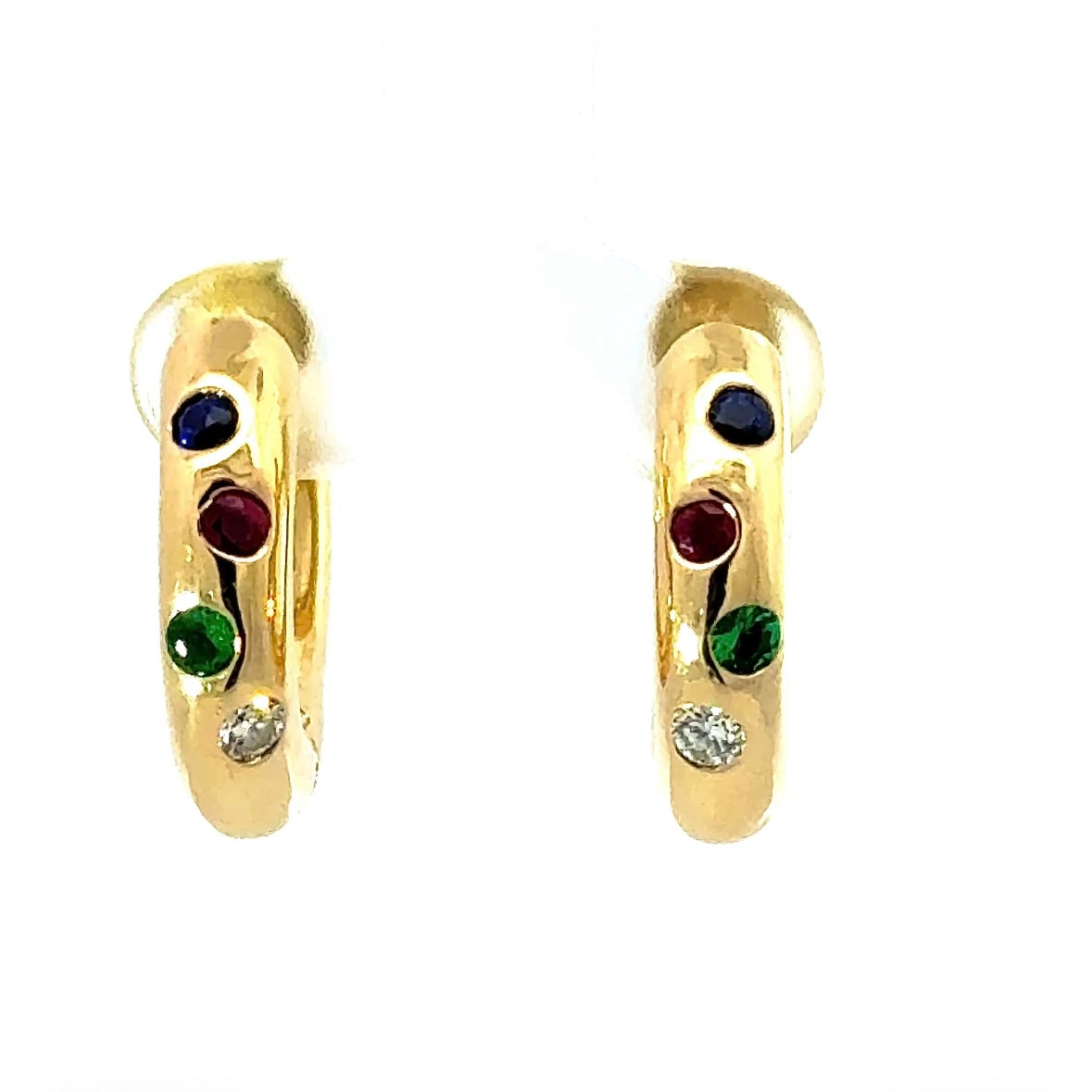Elegante Kreolen in 18 Karat Gelbgold mit Brillanten, Smaragd, Saphir & Rubin