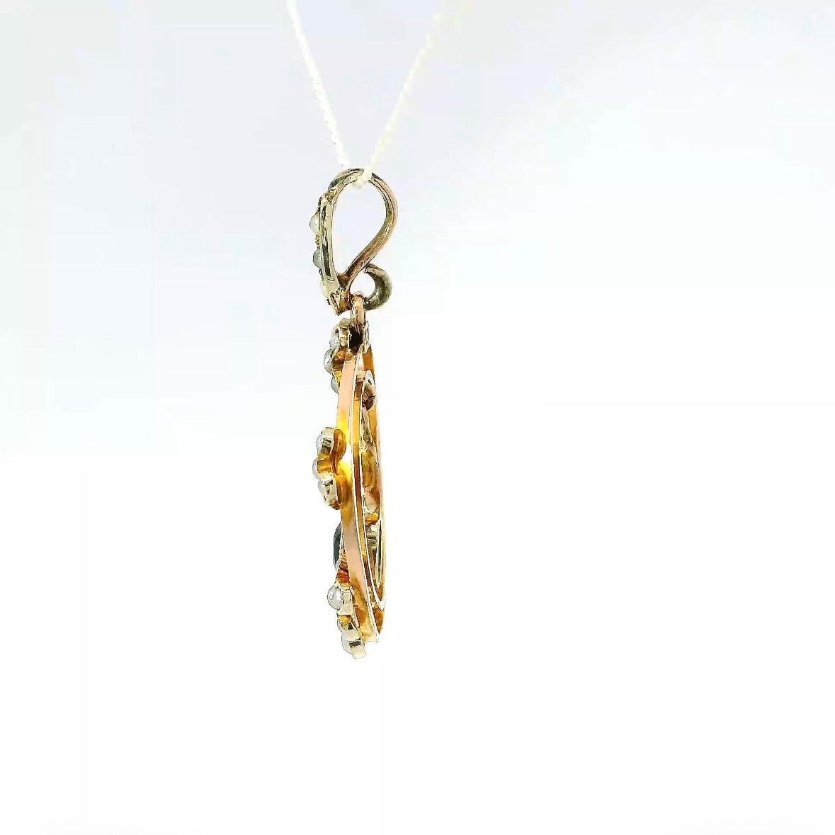 Antiker edwardianischer Anhänger in 14 Karat Roségold mit Saphir & Naturperlen