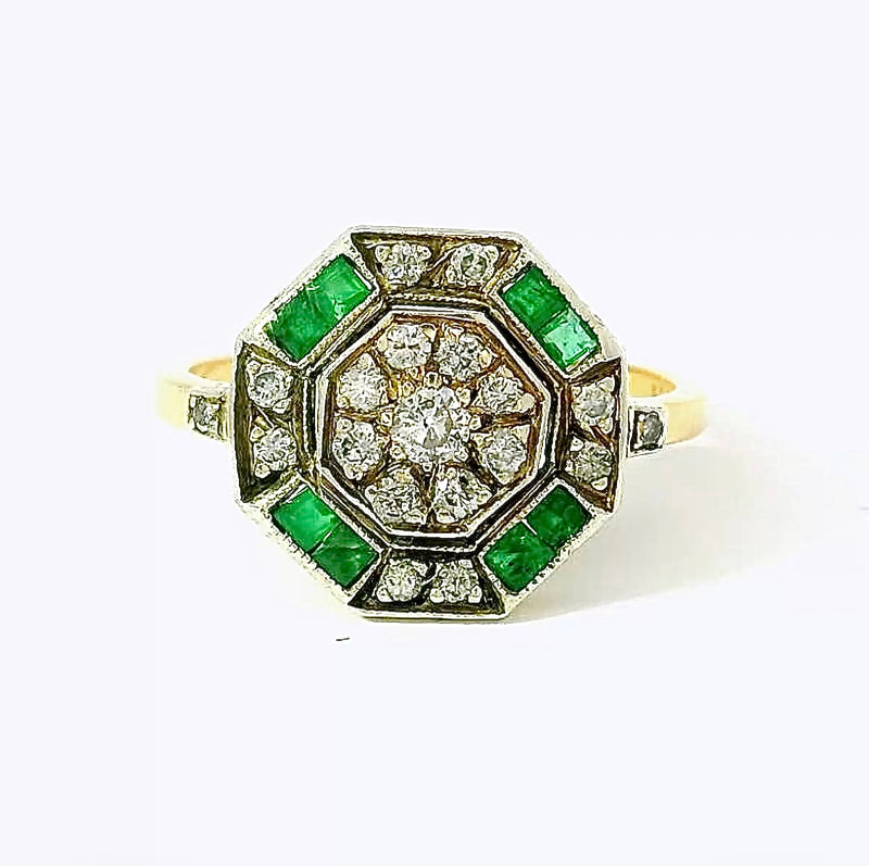 Art-Deco-Ring in 18 Karat Gelb- & Weißgold mit Smaragden & Brillanten