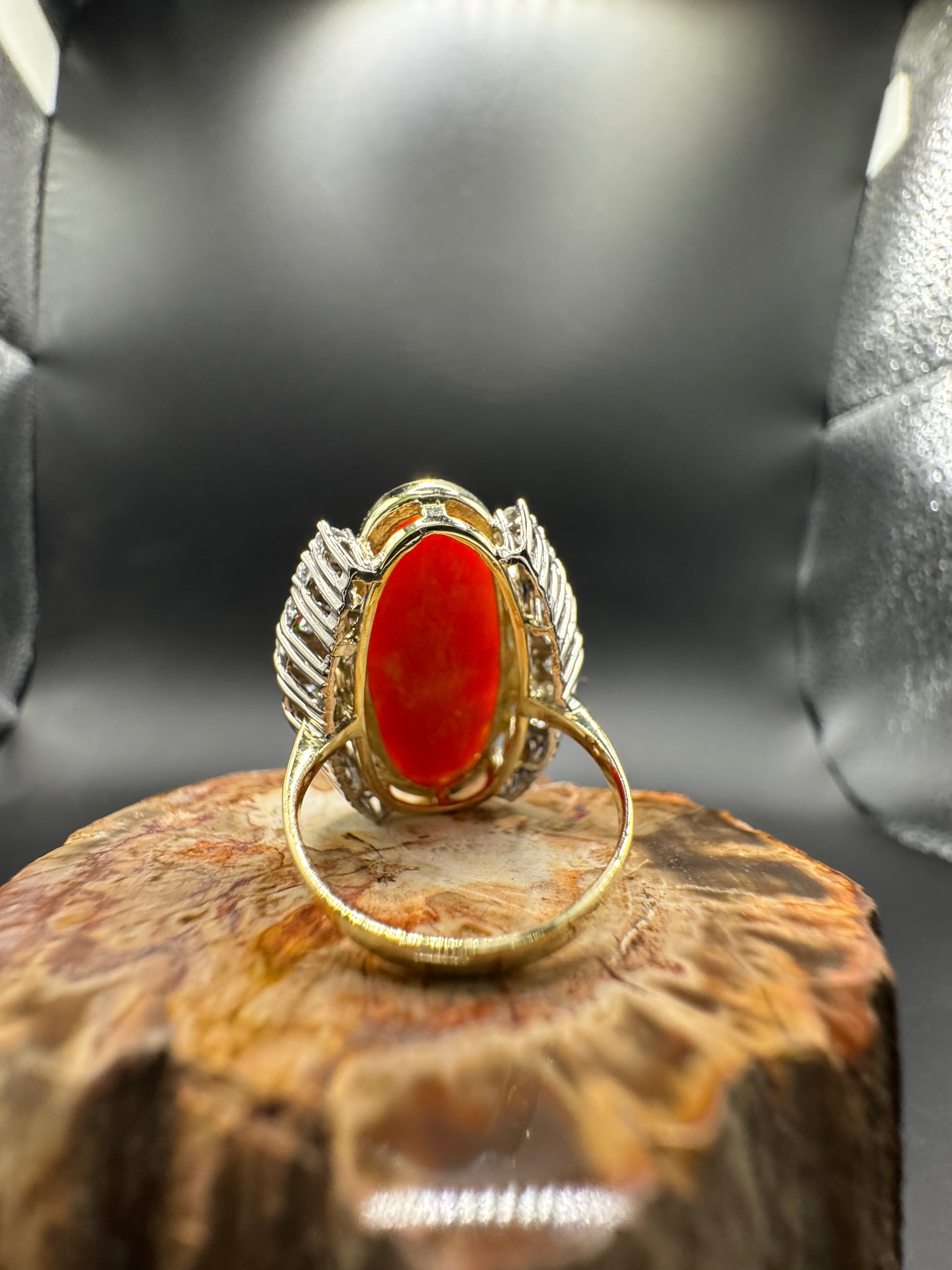 Extravagant cocktail ring in 14k yellow and white gold with fiery red coral and brilliant-cut diamonds