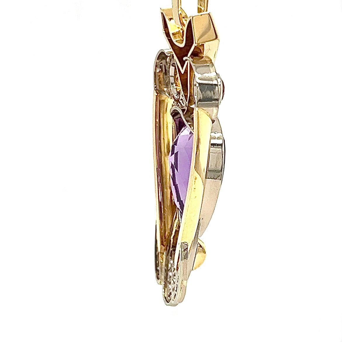 Fancy owl in 14 carat yellow and white gold with amethyst, citrine and diamonds