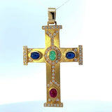 Beeindruckendes Kreuz in 18 Karat Gelbgold mit Brillanten, Smaragd, Rubin & Saphiren
