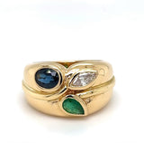 Massiver Ring in 18 Karat Gelbgold mit Smaragd, Saphir und Brillant
