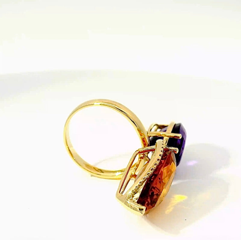 Moderner Cocktailring in 14 Karat Gelbgold mit feinen Brillanten, Amethyst & Citrin