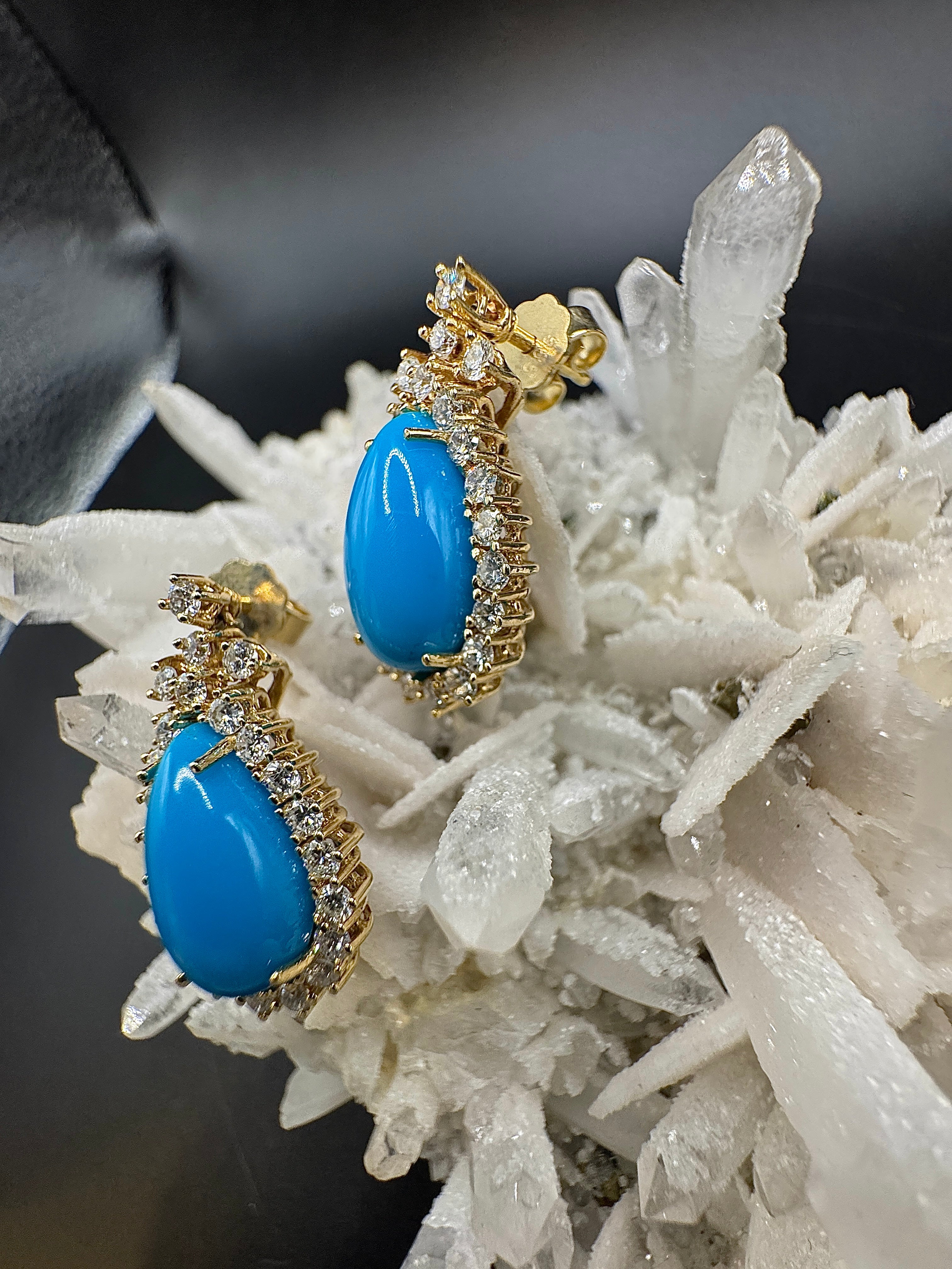 Statement Earrings in 14k Yellow Gold with Turquoise & Diamonds