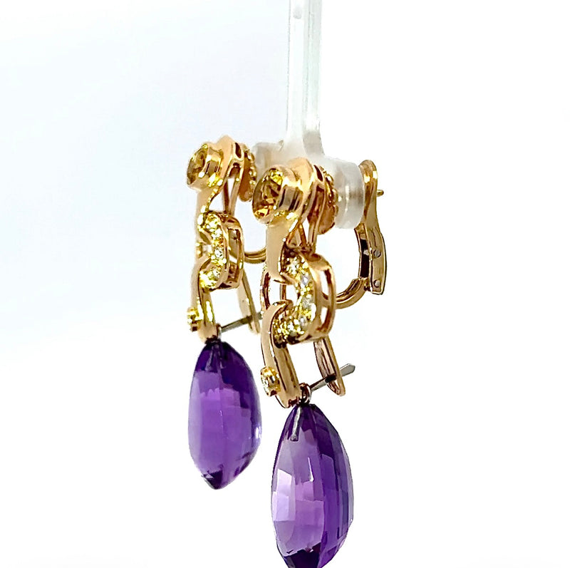 Wirkungsvolle Hängeohrringe in 18 Karat Gelbgold mit Brillanten, Citrin & Amethyst