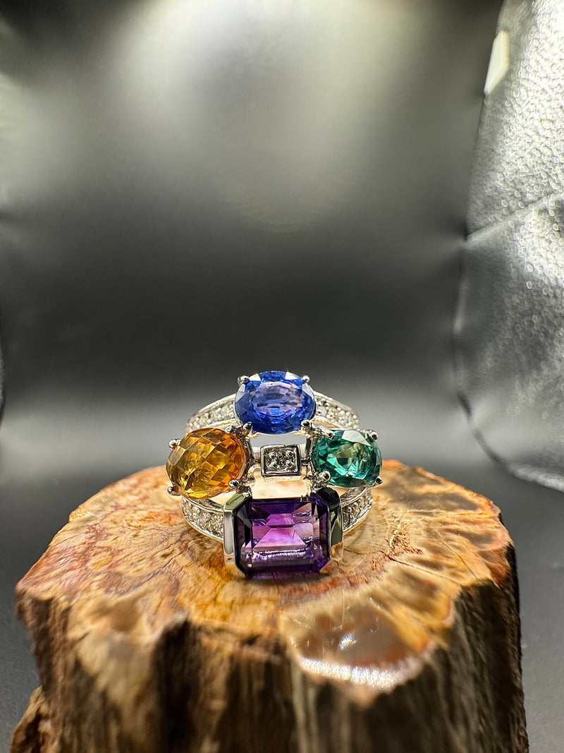 Cocktailring in 14 Karat Weißgold mit Saphir, Turmalin, Citrin, Amethyst & Brillanten