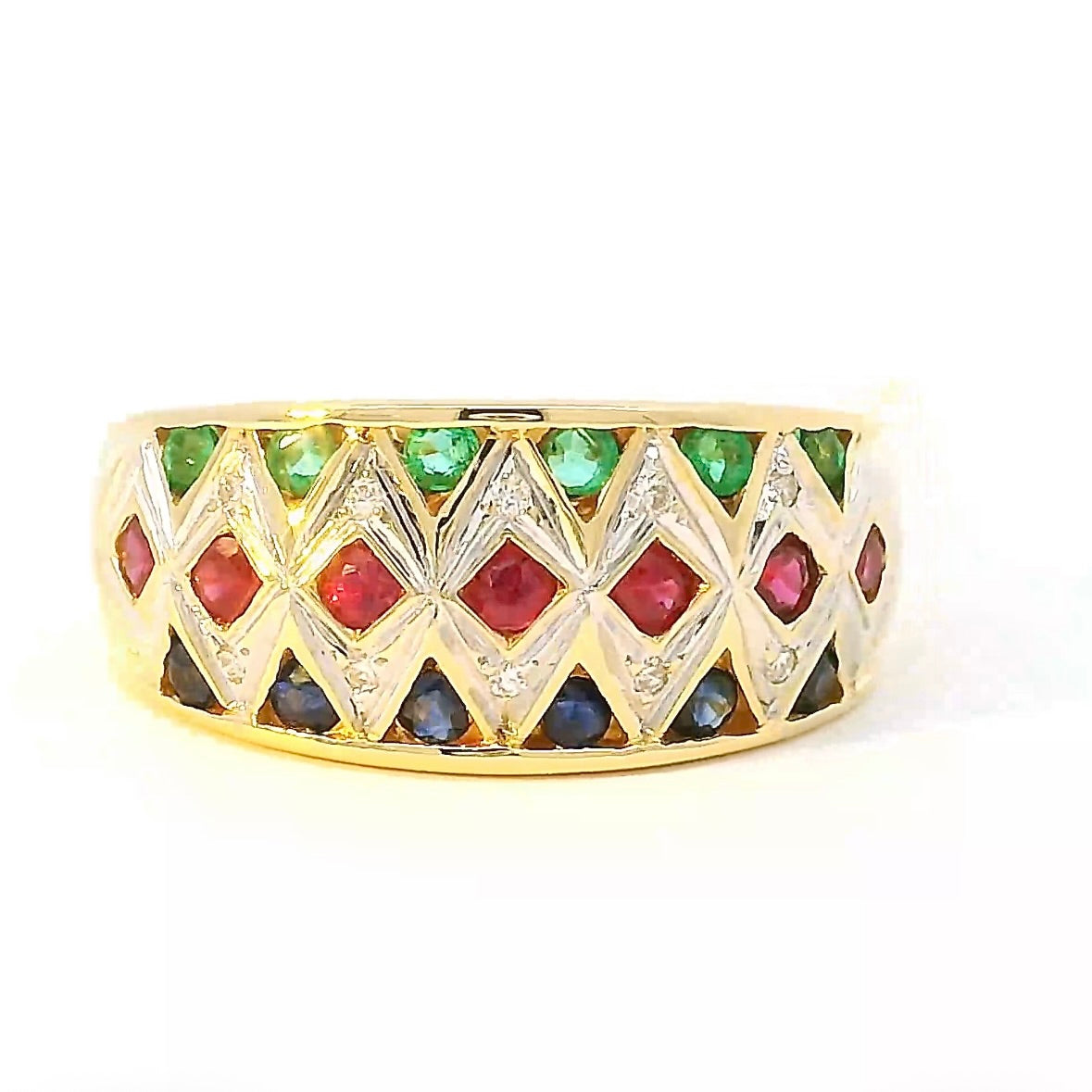 Ausgefallener Ring in 18 Karat Gelbgold mit Smaragd, Saphir, Rubin & Brillanten