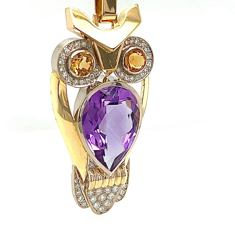 Ausgefallene Eule in 14 Karat Gelb -und Weißgold mit Amethyst, Citrin und Brillanten