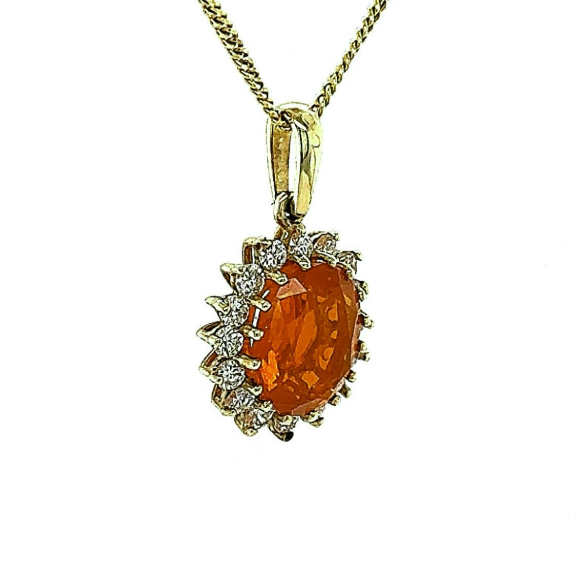 Stilvoller Feueropal-Anhänger in 14 Karat Gelbgold mit Brillanten und Kette