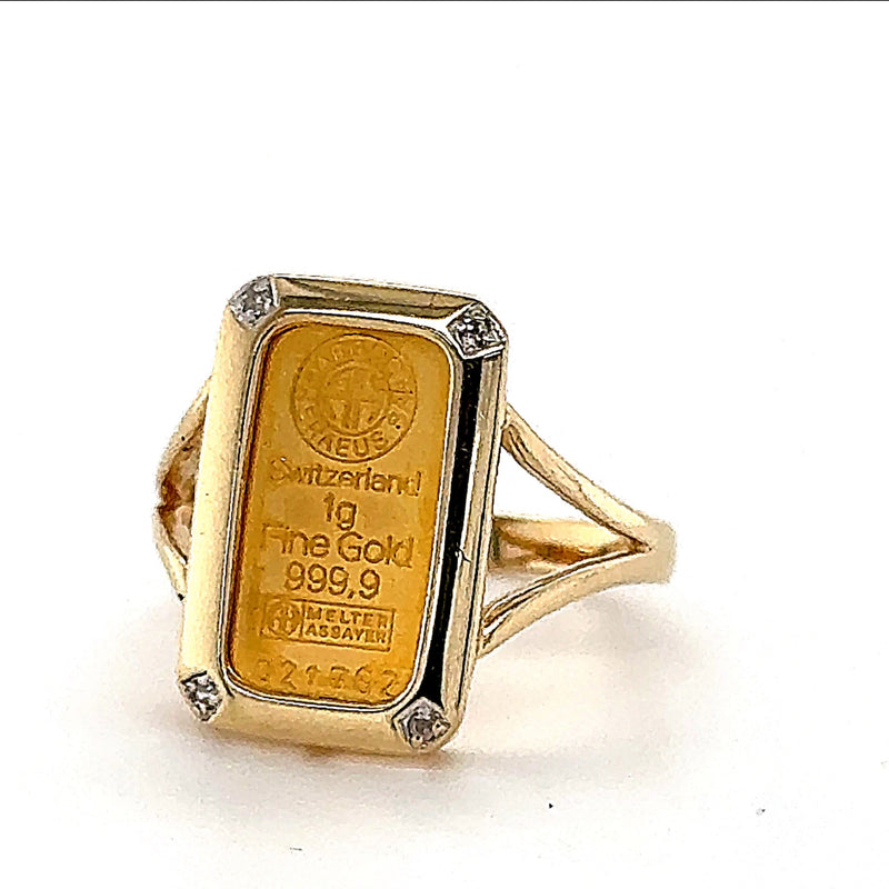 Ausgefallener Goldbarren Ring in 14 Karat Gelbgold mit 1G Barren 999.9% Gold - Heraeus