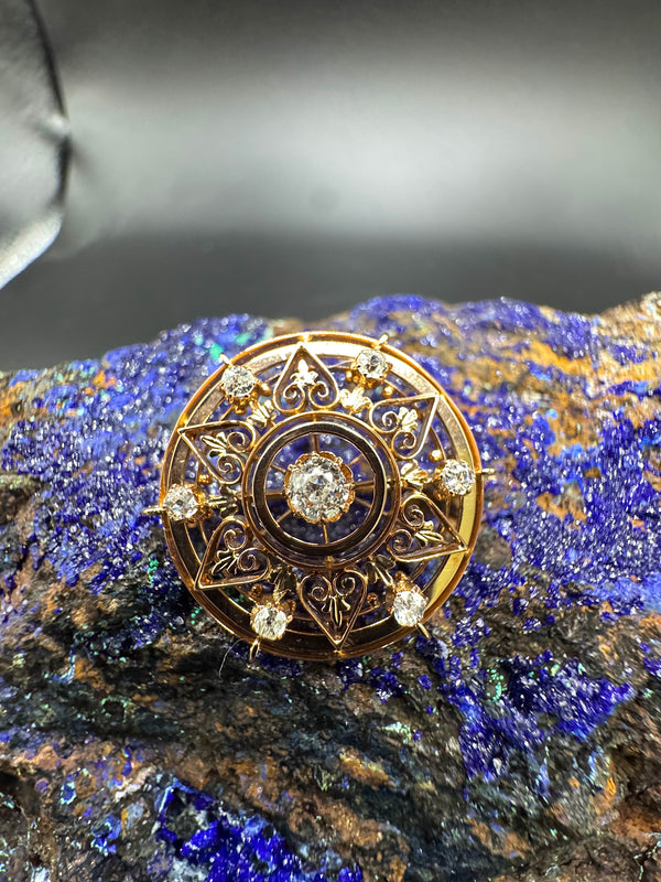 Antike Jugendstil Brosche in 14 Karat Roségold mit Altschliff-Diamanten